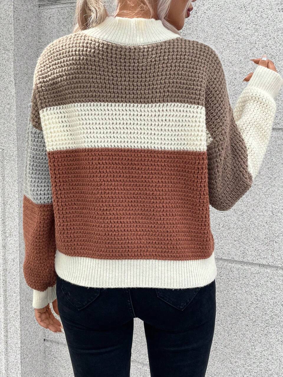 Color Block Drop Shoulder Sweater,Long Sleeve Tops Knit Pullover Fall Winter Sweater