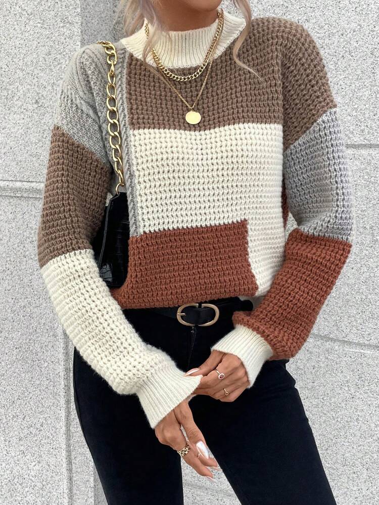 Color Block Drop Shoulder Sweater,Long Sleeve Tops Knit Pullover Fall Winter Sweater