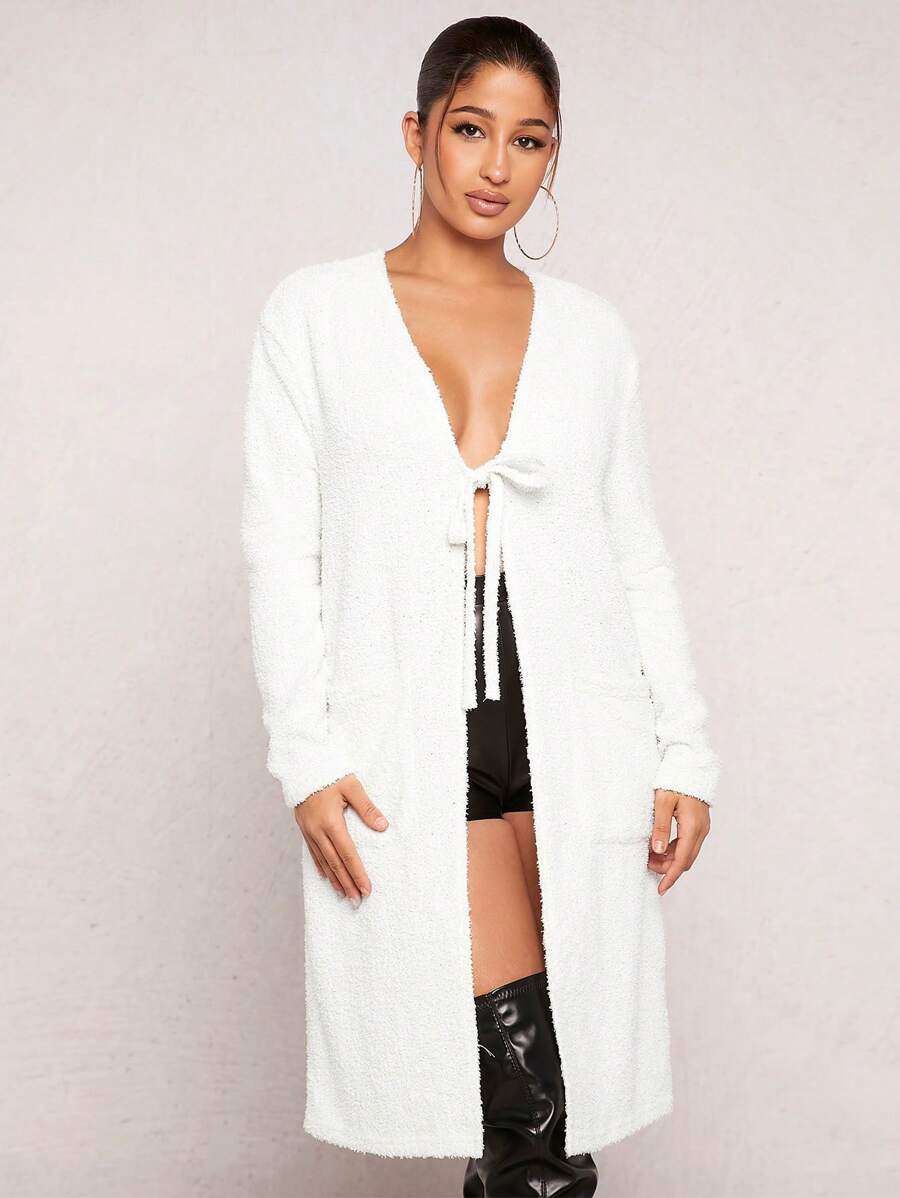 SHEIN SXY Tie Trước Túi Kép 	
Fuzzy áo - trắng - Xem 1