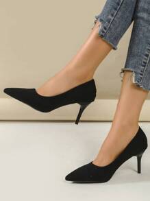 Women's Fashion Casual Outdoor Stiletto Kitten Heel Solid Color Synthetic PU Court Shoes Pointed Toe High Heels - Black - View 1