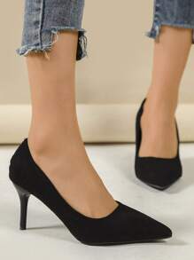 Women's Fashion Casual Outdoor Stiletto Kitten Heel Solid Color Synthetic PU Court Shoes Pointed Toe High Heels - Black - View 2