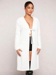 SHEIN SXY Tie Trước Túi Kép 	
Fuzzy áo - trắng - Xem 3