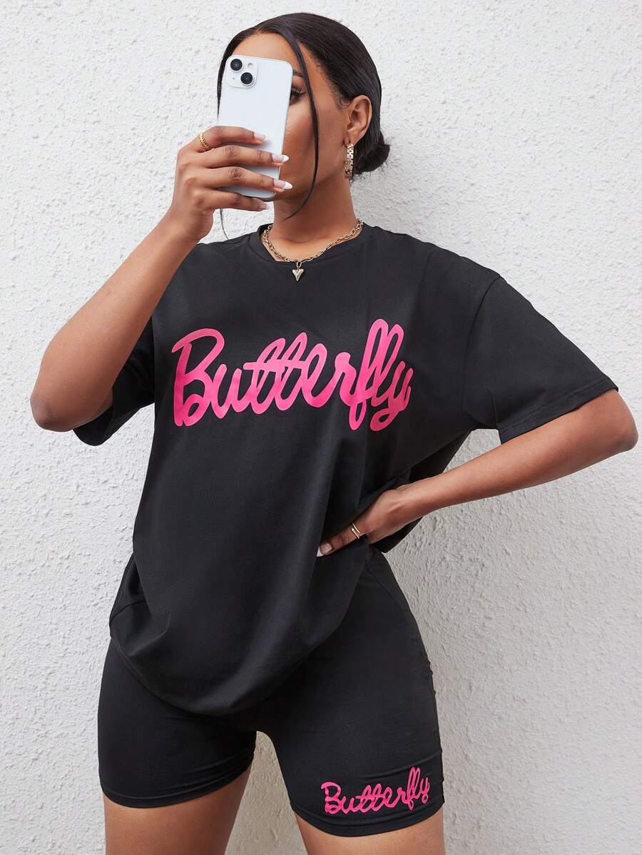 VaVaBold Letter Graphic Drop Shoulder Tee & Cycling Shorts - Black - View 1