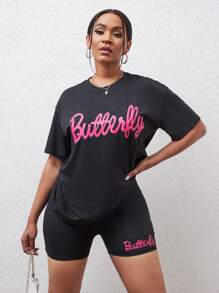 VaVaBold Letter Graphic Drop Shoulder Tee & Cycling Shorts - Black - View 3