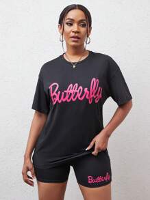 VaVaBold Letter Graphic Drop Shoulder Tee & Cycling Shorts - Black - View 5