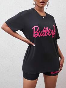 VaVaBold Letter Graphic Drop Shoulder Tee & Cycling Shorts - Black - View 7