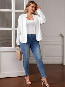 SHEIN LUNE Plus Notched Neckline Open Front Jacket - White - View 3