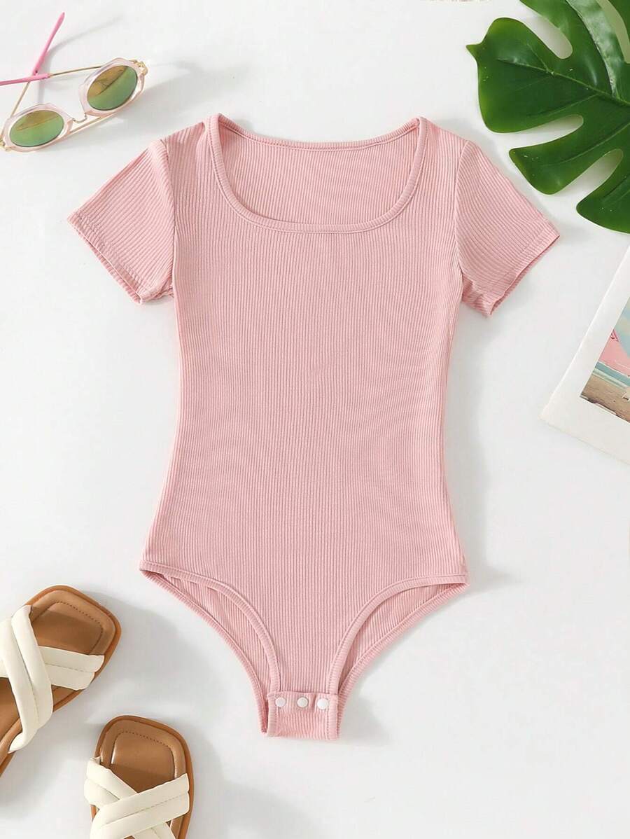 SHEIN Sparklyn Tween Girl Solid Color Knitted Bodysuit, Cute And Sweet Pink Round Neck Casual Style For Spring And Summer Summer Holiday - Pink - View 1