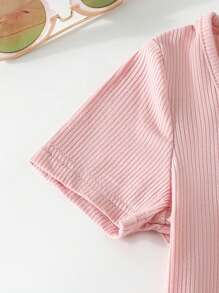 SHEIN Sparklyn Tween Girl Solid Color Knitted Bodysuit, Cute And Sweet Pink Round Neck Casual Style For Spring And Summer Summer Holiday - Pink - View 7