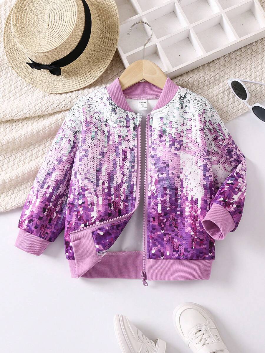 SHEIN 女小童3D亮片效果飛行員夾克 - 紫色 - 查看 1