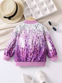 SHEIN 女小童3D亮片效果飛行員夾克 - 紫色 - 查看 2