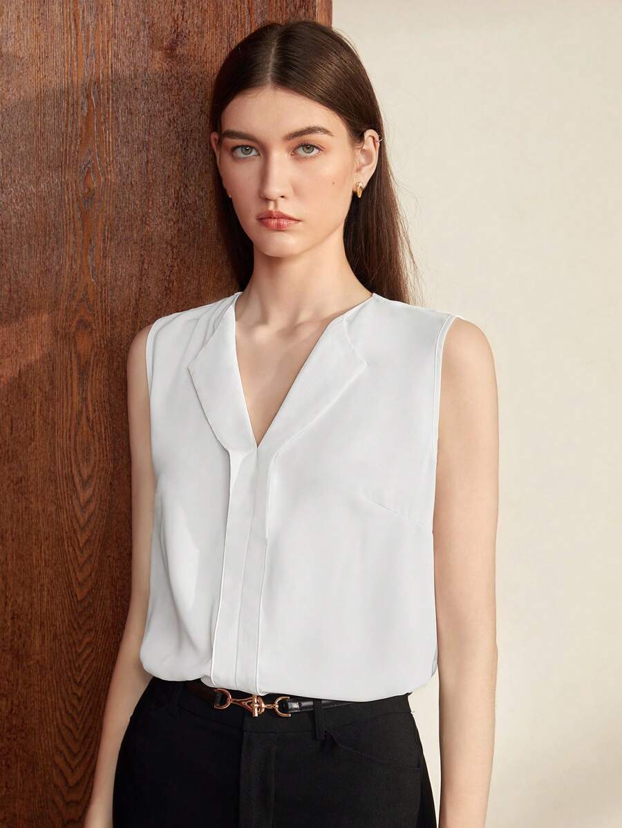 BizChic Solid V-neck Sleeveless Top - White - View 1