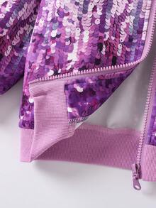 SHEIN 女小童3D亮片效果飛行員夾克 - 紫色 - 查看 5