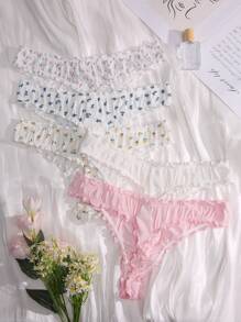 Shein Underwear&Sleepwear Basics Talla grande 5 piezas Bragas con estampado floral ribete en forma de lechuga