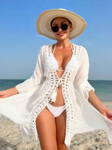 鏤空前繫帶勾織拼接流蘇細節和服罩衫