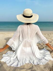 鏤空前繫帶勾織拼接流蘇細節和服罩衫