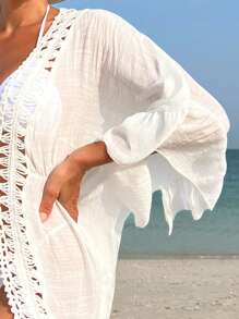 鏤空前繫帶勾織拼接流蘇細節和服罩衫