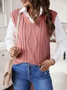 SHEIN LUNE 1入組麻花編織毛衣背心無襯衫 - 粉色 - 查看 4