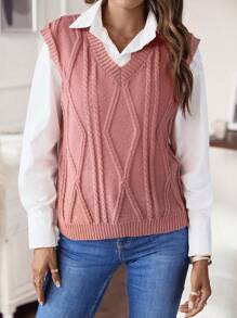 SHEIN LUNE 1入組麻花編織毛衣背心無襯衫 - 粉色 - 查看 3