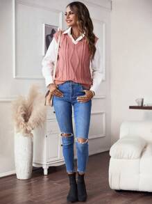 SHEIN LUNE 1入組麻花編織毛衣背心無襯衫 - 粉色 - 查看 6