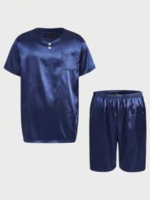 男士素色紐扣細節緞面睡衣套裝 - 藏蓝色 - 查看 1