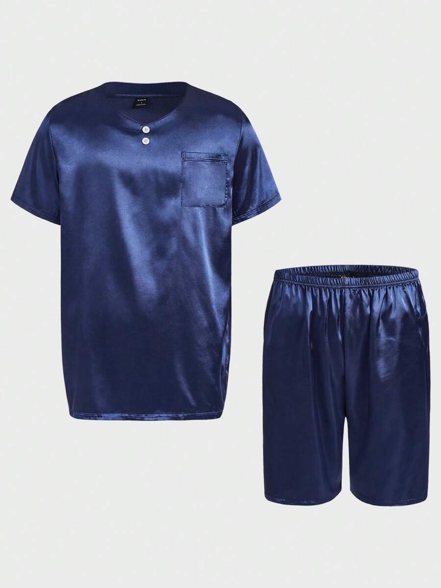 男士素色紐扣細節緞面睡衣套裝 - 藏蓝色 - 查看 1