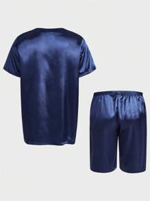 男士素色紐扣細節緞面睡衣套裝 - 藏蓝色 - 查看 2