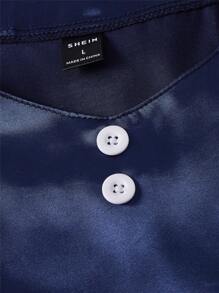 男士素色紐扣細節緞面睡衣套裝 - 藏蓝色 - 查看 5