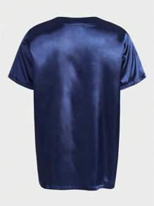 男士素色紐扣細節緞面睡衣套裝 - 藏蓝色 - 查看 7