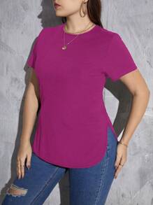 SHEIN Essnce Plus Solid Curved Hem Tee - Hot Pink - View 3