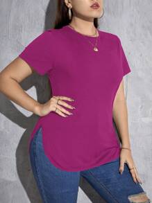 SHEIN Essnce Plus Solid Curved Hem Tee - Hot Pink - View 4