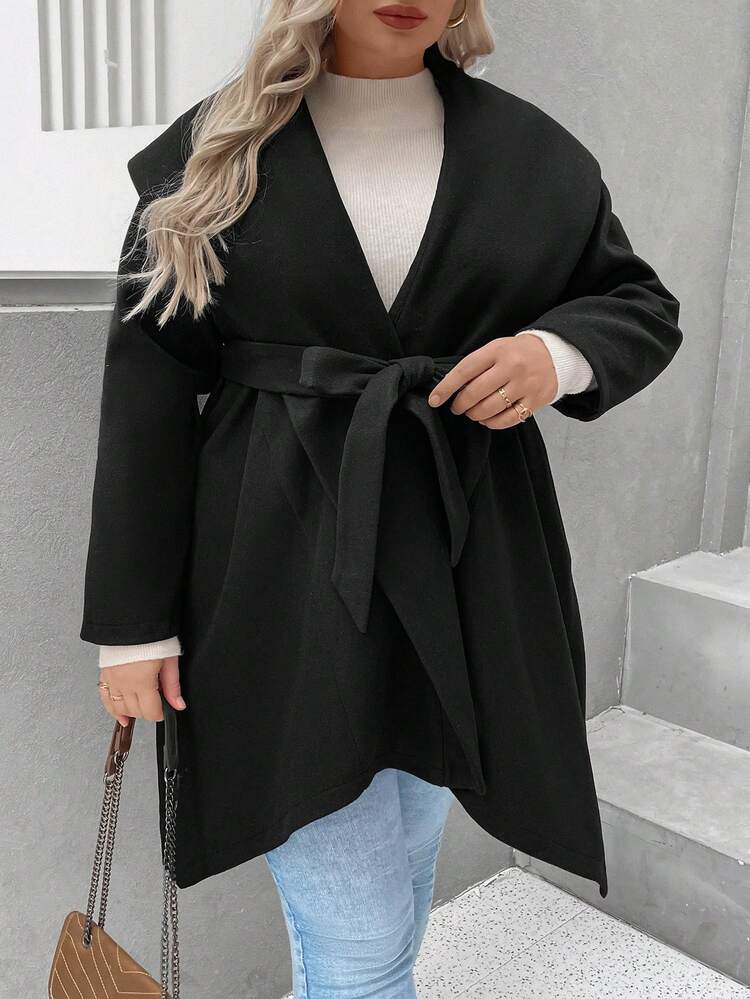 Plus Waterfall Collar Asymmetrical Hem Belted Overcoat