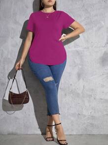 SHEIN Essnce Plus Solid Curved Hem Tee - Hot Pink - View 5