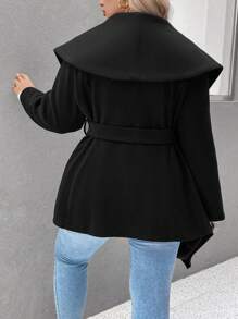 SHEIN LUNE Plus Waterfall Collar Asymmetrical Hem Belted Overcoat - Black - View 2
