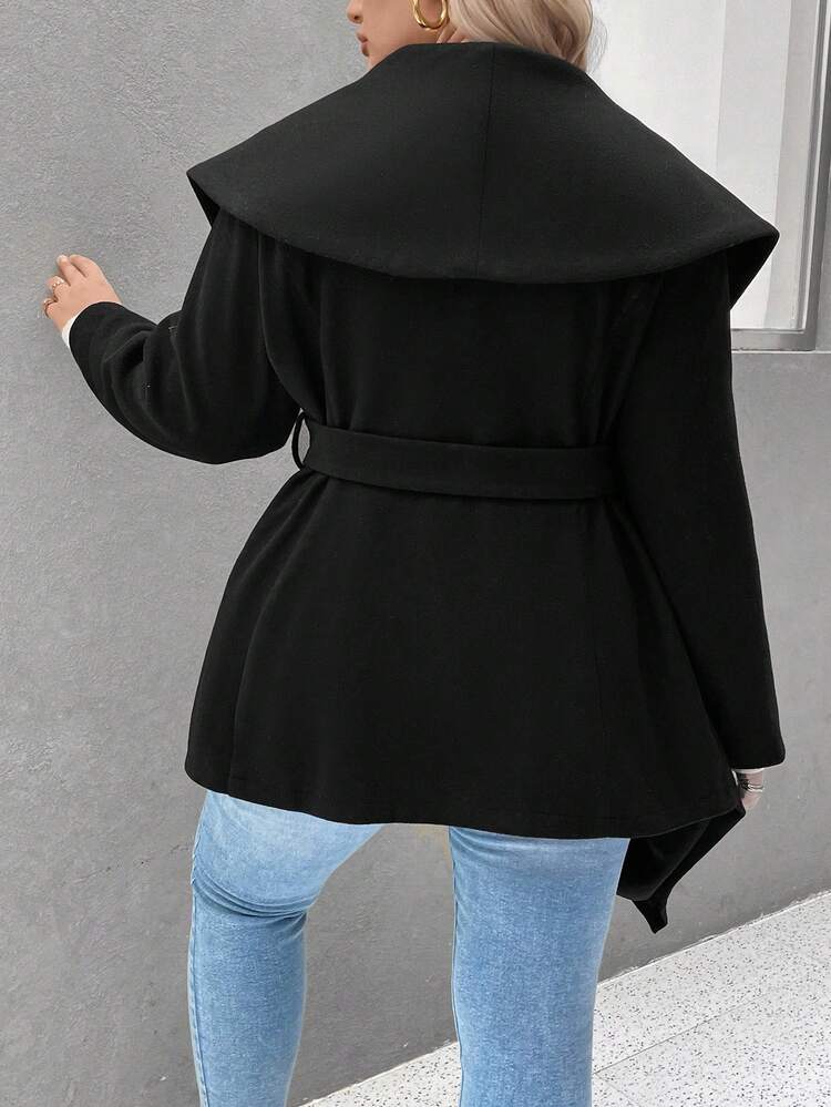Plus Waterfall Collar Asymmetrical Hem Belted Overcoat