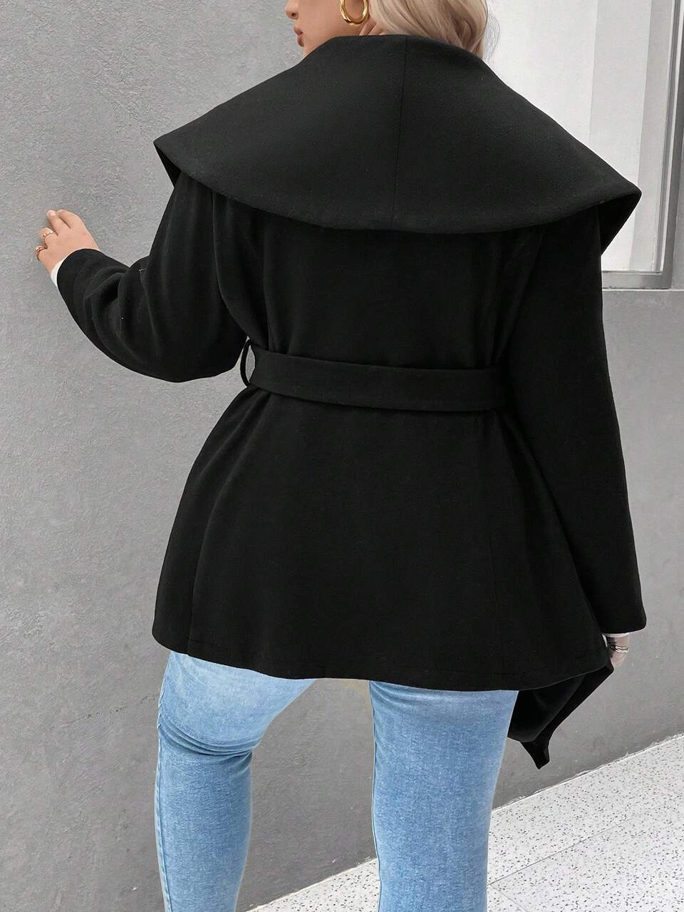 Plus Waterfall Collar Asymmetrical Hem Belted Overcoat