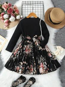 SHEIN Young Girl Floral Print Pleated Hem Belted Dress