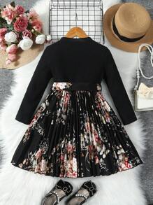 SHEIN Young Girl Floral Print Pleated Hem Belted Dress