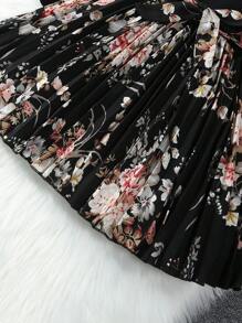 SHEIN Young Girl Floral Print Pleated Hem Belted Dress