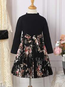 SHEIN Young Girl Floral Print Pleated Hem Belted Dress