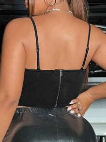 Flirla Plus Rhinestone Fringe Trim Cami Top - Black - View 3