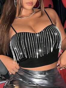 Flirla Plus Rhinestone Fringe Trim Cami Top - Black - View 1