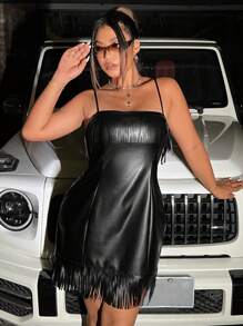 SHEIN ICON Plus Fringe Hem PU Cami Dress - Black - View 5