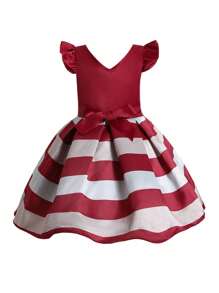 Baby Girl Striped Ruffle Trim Bow Front Gown Dress - Red and White - View 1