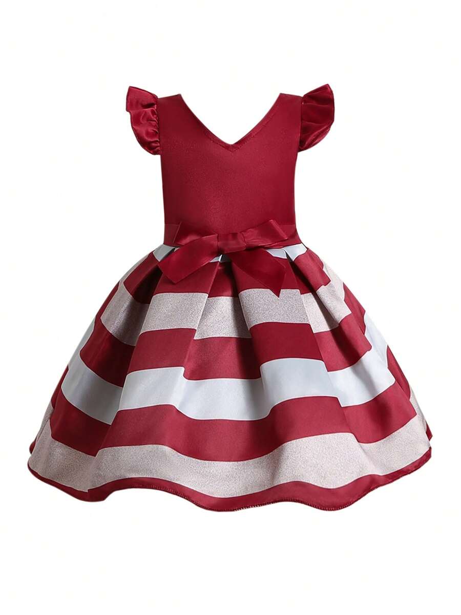 Baby Girl Striped Ruffle Trim Bow Front Gown Dress - Red and White - View 1