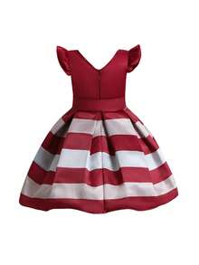 Baby Girl Striped Ruffle Trim Bow Front Gown Dress - Red and White - View 2