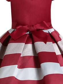 Baby Girl Striped Ruffle Trim Bow Front Gown Dress - Red and White - View 6
