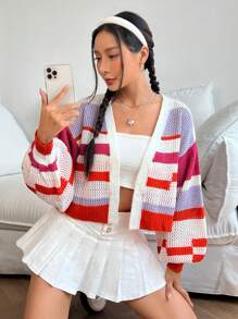 SHEIN EZwear Color Block Lantern Sleeve Pointelle Knit Cardigan - Multicolor - View 1