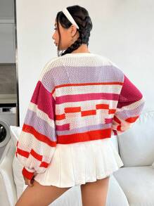 SHEIN EZwear Color Block Lantern Sleeve Pointelle Knit Cardigan - Multicolor - View 2