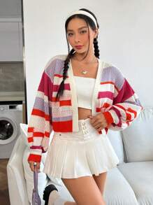 SHEIN EZwear Color Block Lantern Sleeve Pointelle Knit Cardigan - Multicolor - View 6